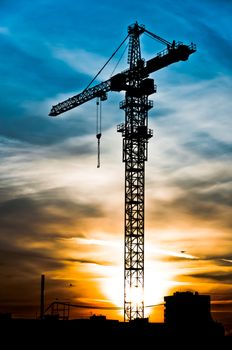 Crane silhouette at the sunset time, high dynamic range style