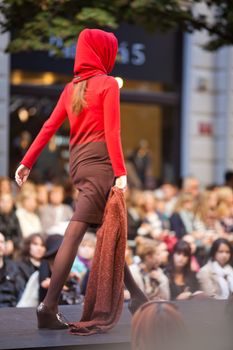 PRAGUE-SEPTEMBER 24: A model walks the runway during the 2011 autumn/winter Czech designers collection during the Prague Fashion Weekend on September 24, 2011 in Prague, Czech Republic.