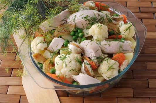 Roasted vegetables with slices of chicken and fennel in a pan