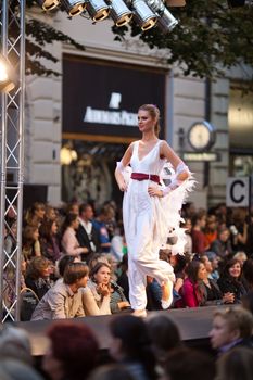 PRAGUE-SEPTEMBER 24: A model walks the runway during the 2011 autumn/winter Czech designers collection during the Prague Fashion Weekend on September 24, 2011 in Prague, Czech Republic.