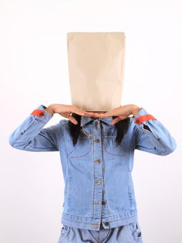 Woman with paper bag on head