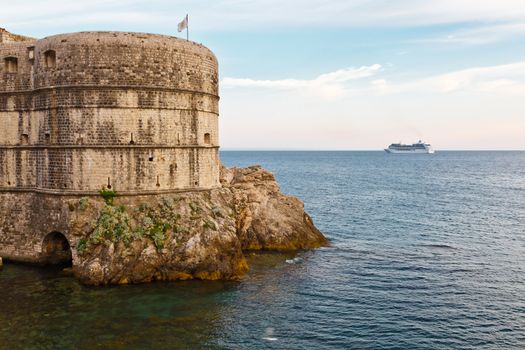 Cruise Ship Approaching City Walls of Dubrovnik, Croatia