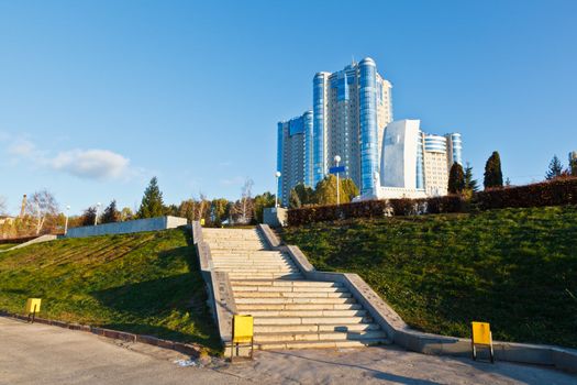 Stella Rook and New Building on Volga River in Samara, Russia