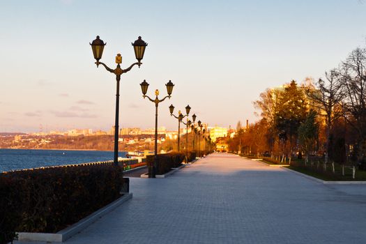 Row of Lampposts on Volga River Embankment in Samara, Russia