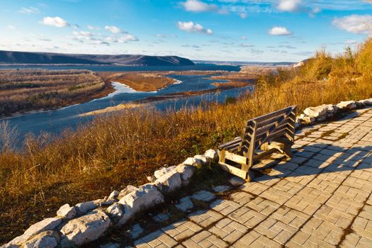 Wooden Bench and Panoramic View of Volga River Bend near Samara, Russia