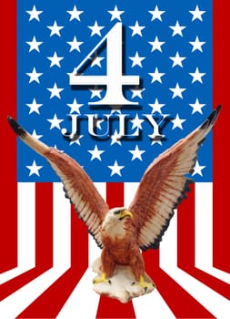 July 4 and eagle statue with American flag background 