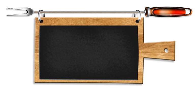 Kitchen blackboard shaped cutting board supported by a metal fork