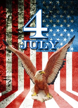 July 4 and eagle statue with American flag background in Grunge style