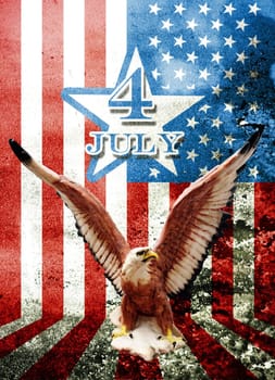 July 4 and eagle statue with American flag background in Grunge style