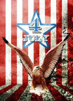 July 4 and eagle statue with American flag background in Grunge style