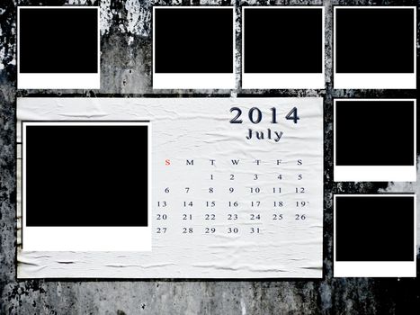 Calendar 2014 set with photo frame on grunge wall