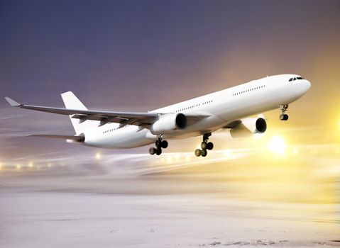 airport and white plane taking off at non-flying weather, snowstorm