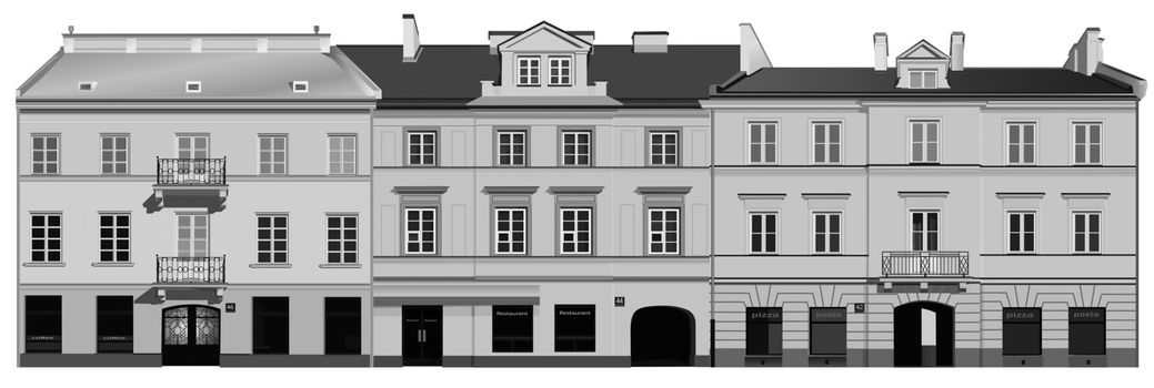 Facades of buildings from Warsaw. Famous Nowy Swiat street. Black and white  illustration.