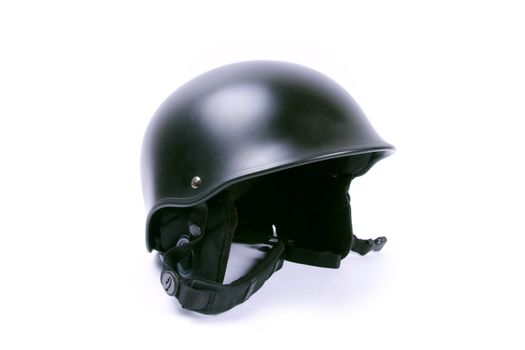 Black helmet with chin strap isolated on white.