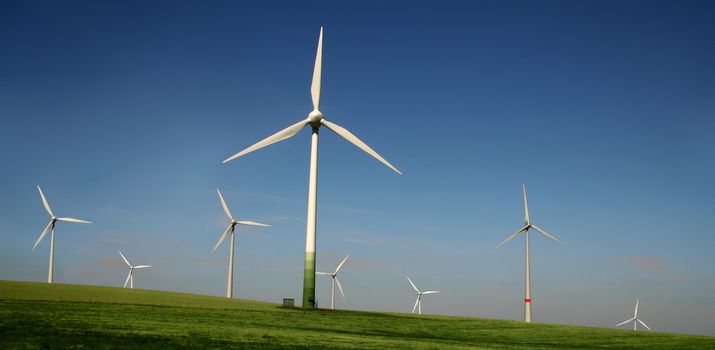 Wind turbines farm. Alternative energy source. 