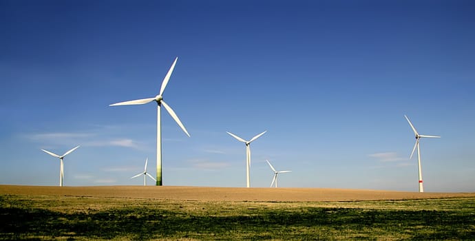 Wind turbines farm. Alternative energy source. 