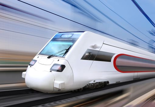 white super streamlined train with motion blur moves on railroad