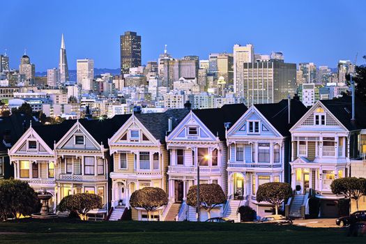 Alamo Square at twilight with clouds in the sky, San Francisco. 