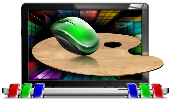 Illustration with a computer, painter's palette, green mouse and multicolored screen