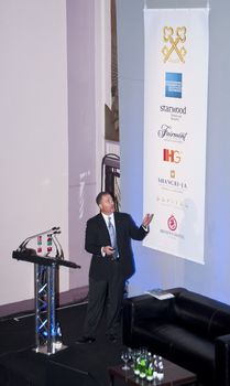 London - UK, January 30, 2012: Gerald Parent giving a speech at the 59th UICH les Clefs d'Or International Congress at the Sheraton Park Lane