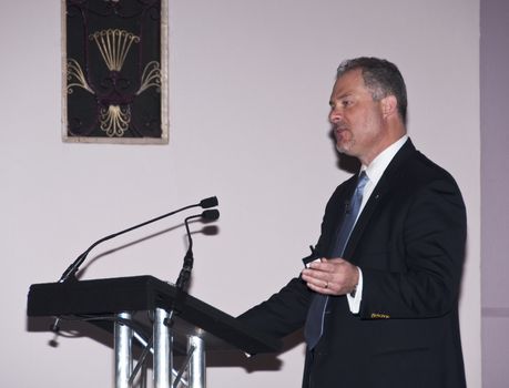 London - UK, January 30, 2012: Gerald Parent giving a speech at the 59th UICH les Clefs d'Or International Congress at the Sheraton Park Lane