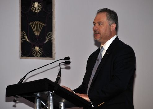 London - UK, January 30, 2012: Gerald Parent giving a speech at the 59th UICH les Clefs d'Or International Congress at the Sheraton Park Lane