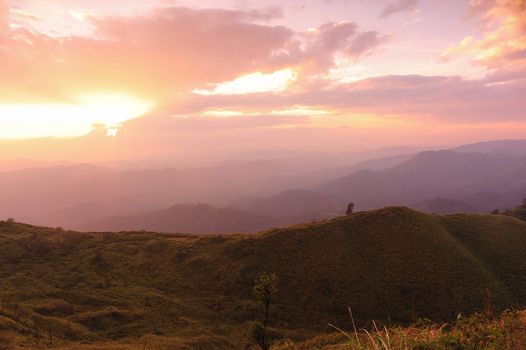 Nice sunset scene in mountains, Thailand.