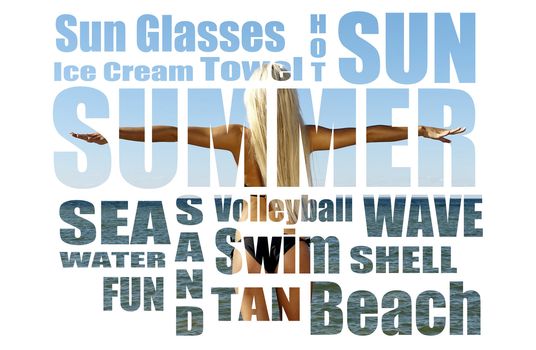 Conceptual collage of Summer words over picture. Isolated on white