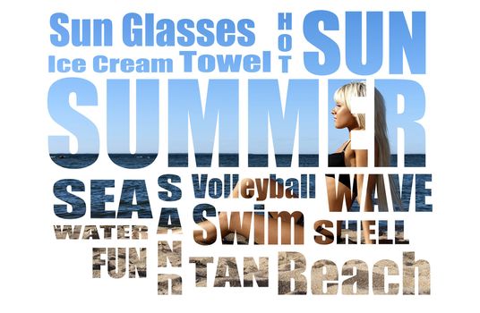 Conceptual collage of Summer words over picture. Isolated on white