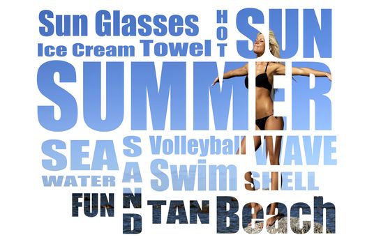 Conceptual collage of Summer words over picture. Isolated on white