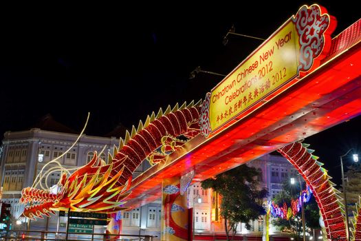 SINGAPORE - JANUARY 21: Chinese New Year Dragon Decoration along Eu Tong Sen Street in Singapore Chinatown on January 11, 2012. Designed by Singapore University of Technology and Design (SUTD). 