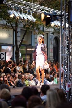 PRAGUE-SEPTEMBER 24: A model walks the runway during the 2011 autumn/winter Czech designers collection during the Prague Fashion Weekend on September 24, 2011 in Prague, Czech Republic.