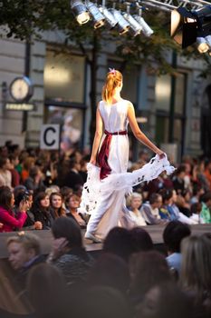 PRAGUE-SEPTEMBER 24: A model walks the runway during the 2011 autumn/winter Czech designers collection during the Prague Fashion Weekend on September 24, 2011 in Prague, Czech Republic.