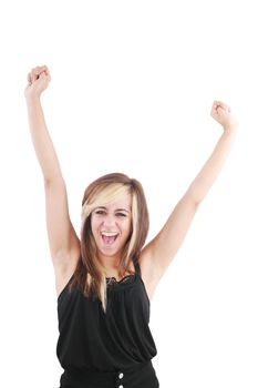 Success / winner business woman isolated. Funny image of celebrating happy young businesswoman with her arms up.