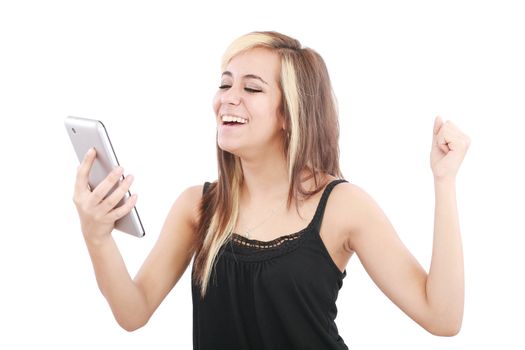 Tablet computer woman excited looking at touch pad pc