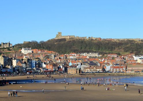 Scenic view of Scarborough castle and beach, North Yorkshire, England.