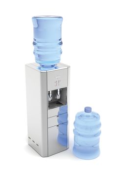Silver water dispenser with bottles on white