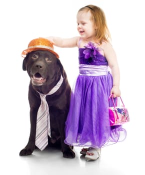 Cute little girl with retriever over white