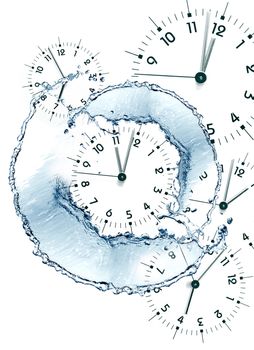 Time concept. Clock faces and abstract flowing water on white background