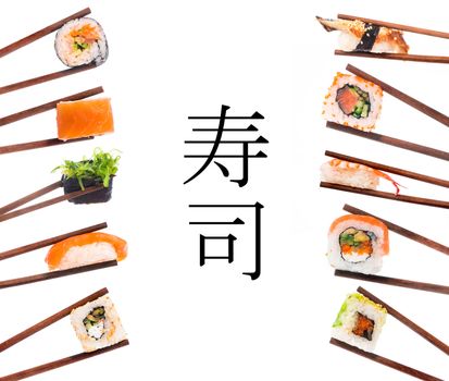 Sushi with chopsticks isolated over white background. Set.