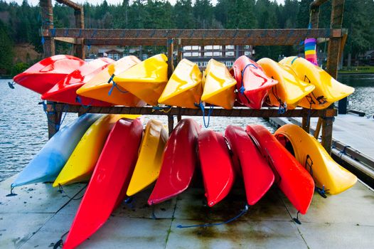 Colorful kayaks on Hood Canal pier