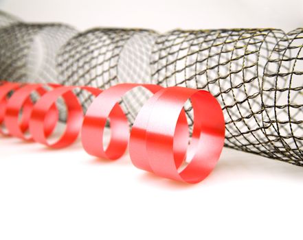 Red and mesh decorative ribbons on a white background