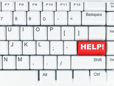 white computer keyboard with the red button help