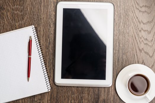 notebook, pen, coffee and tablet, workplace businessman