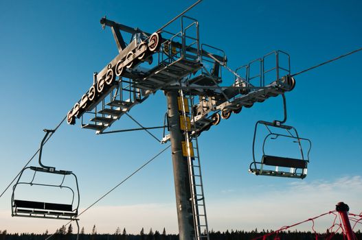 Top part of ski-lift support close-up, forest on background