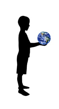 Silhouette of a small  boy holding a globe