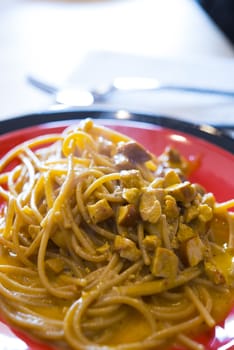 aghetti (Pasta) alla Carbonara made with bacon, eggs, cheese and black pepper