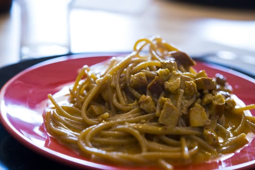 aghetti (Pasta) alla Carbonara made with bacon, eggs, cheese and black pepper