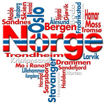 Written Norge and norwegian cities with heart-shaped, norwegian flag colors