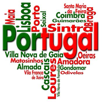 Written Portugal and portuguese cities with heart-shaped, portuguese flag colors